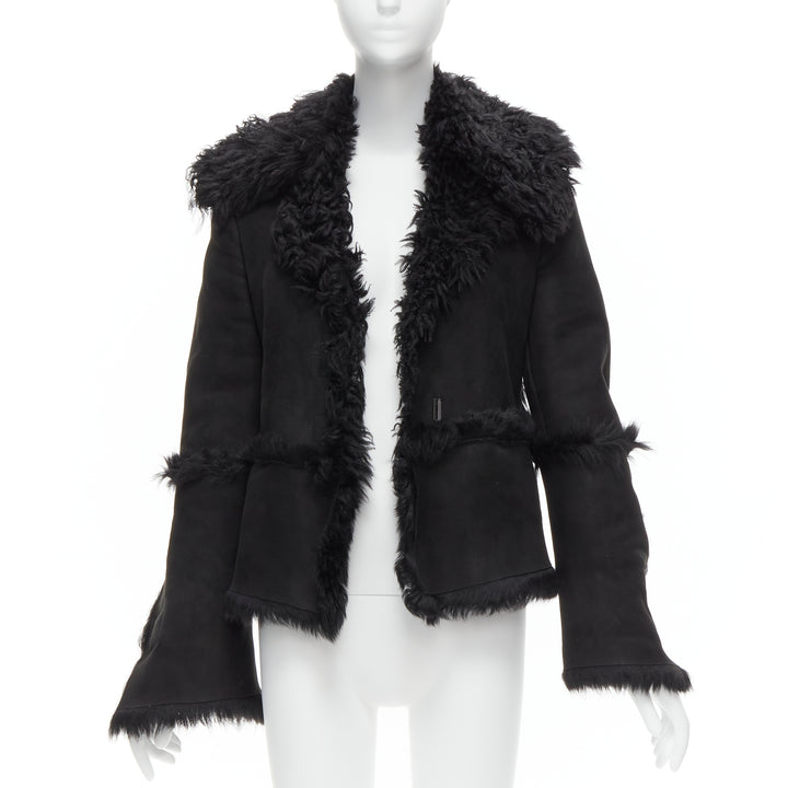 GUCCI Tom Ford Vintage black shearling fur suede flared sleeve coat IT38 XS