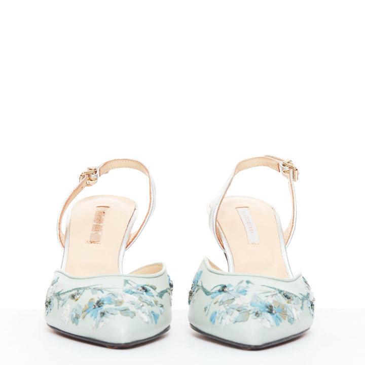 SHIATZY CHEN mint green leather embroidered floral sling pumps EU36