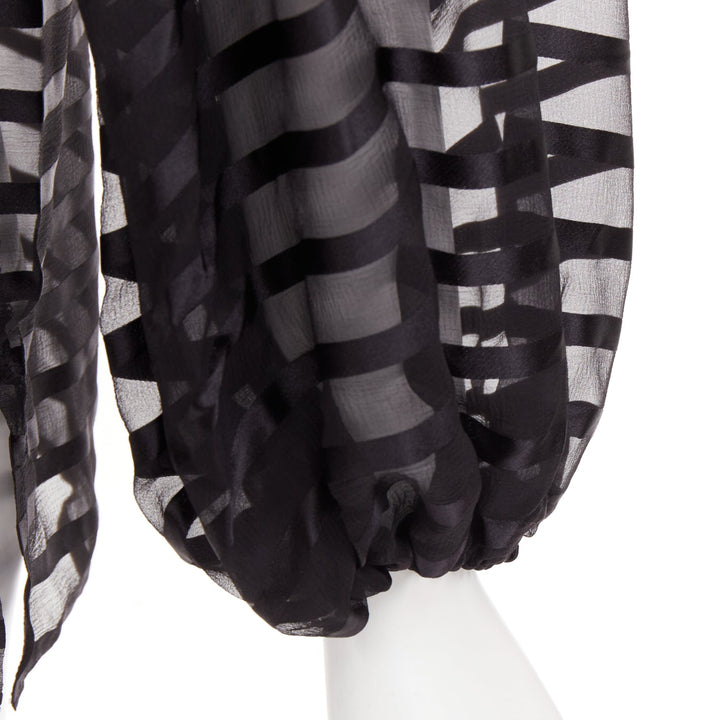 CHANEL black 100% silk sheer striped chiffon puff sleeve blouse FR36 S