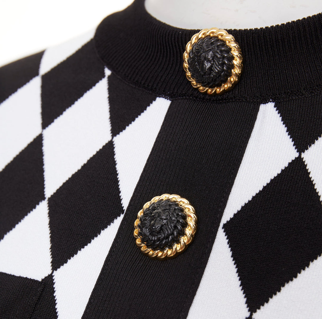 BALMAIN 2022 Harlequin black white diamond check gold lion buttons crop top FR36