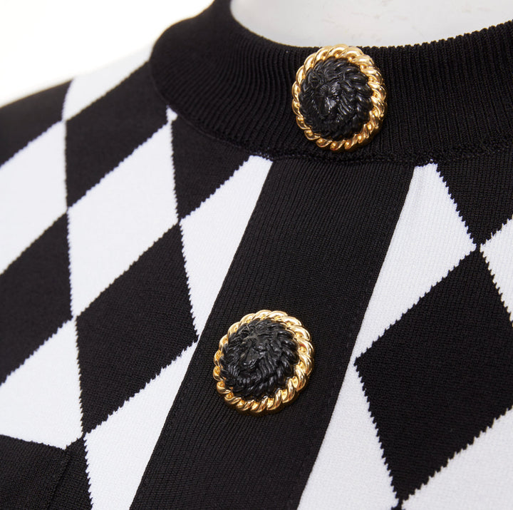 BALMAIN 2022 Harlequin black white diamond check gold lion buttons crop top FR36
