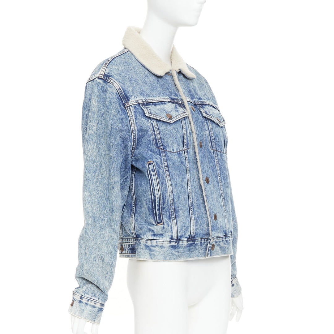 CELINE 2021 Hedi Slimane bleached denim cream shearling lined trucker jacket XS