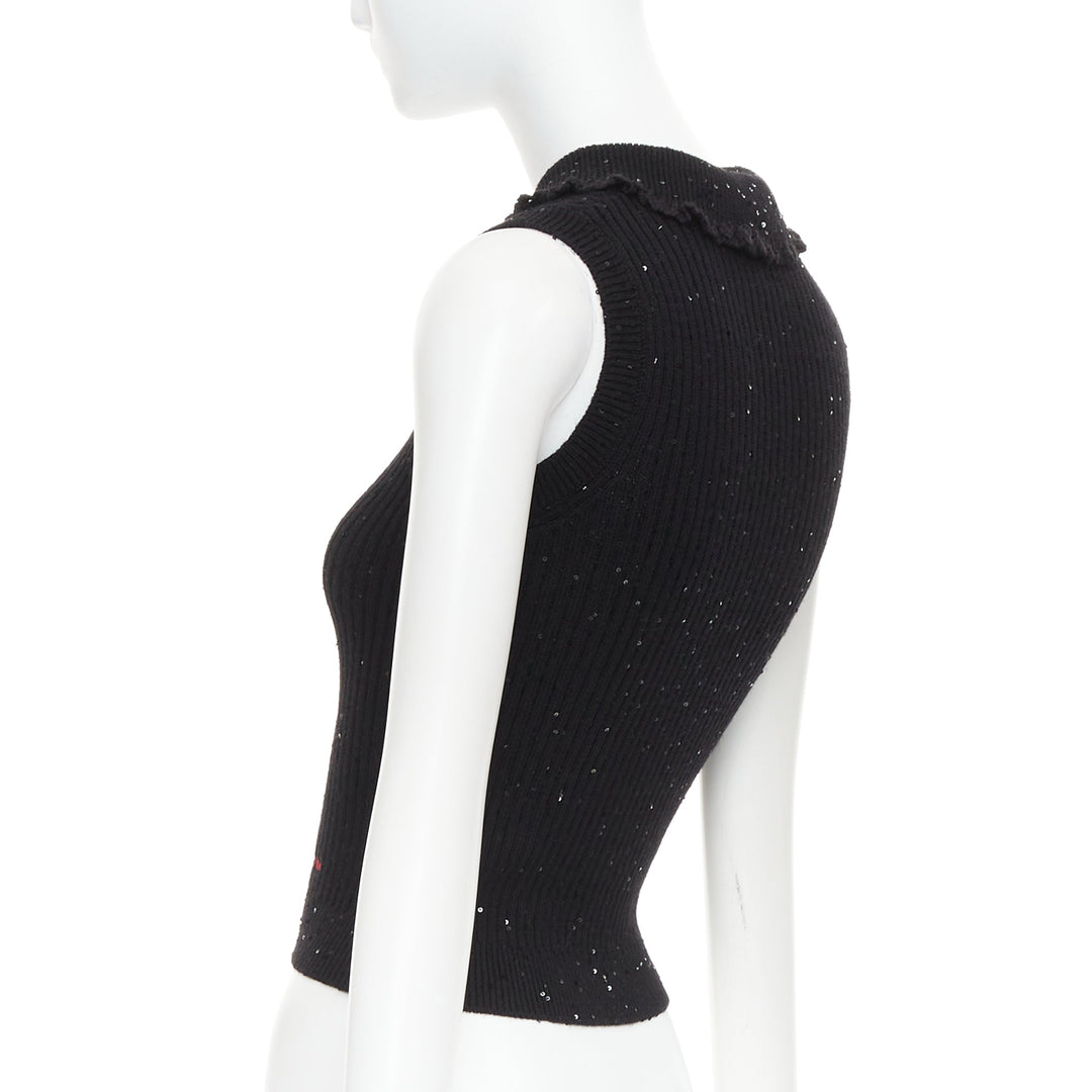 SHUSHU TONG black sequinned knit collared red logo rib crop vest UK6 XS