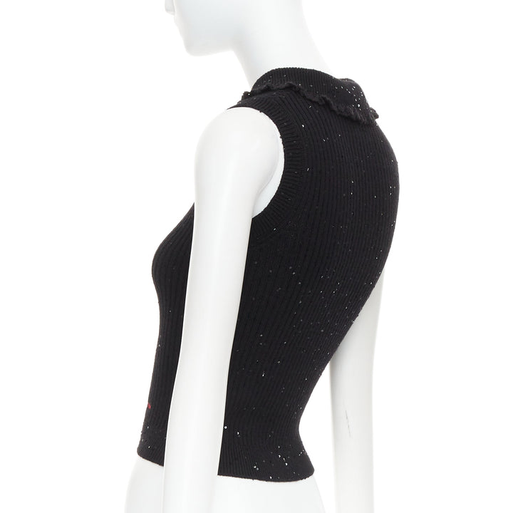 SHUSHU TONG black sequinned knit collared red logo rib crop vest UK6 XS