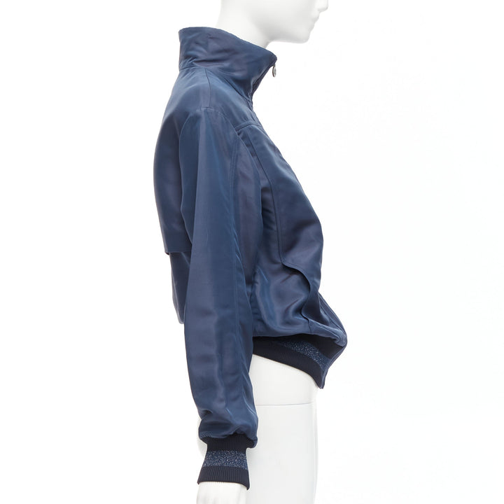 CHANEL Vintage navy viscose silk CC logo zip bomber jacket FR34 XS