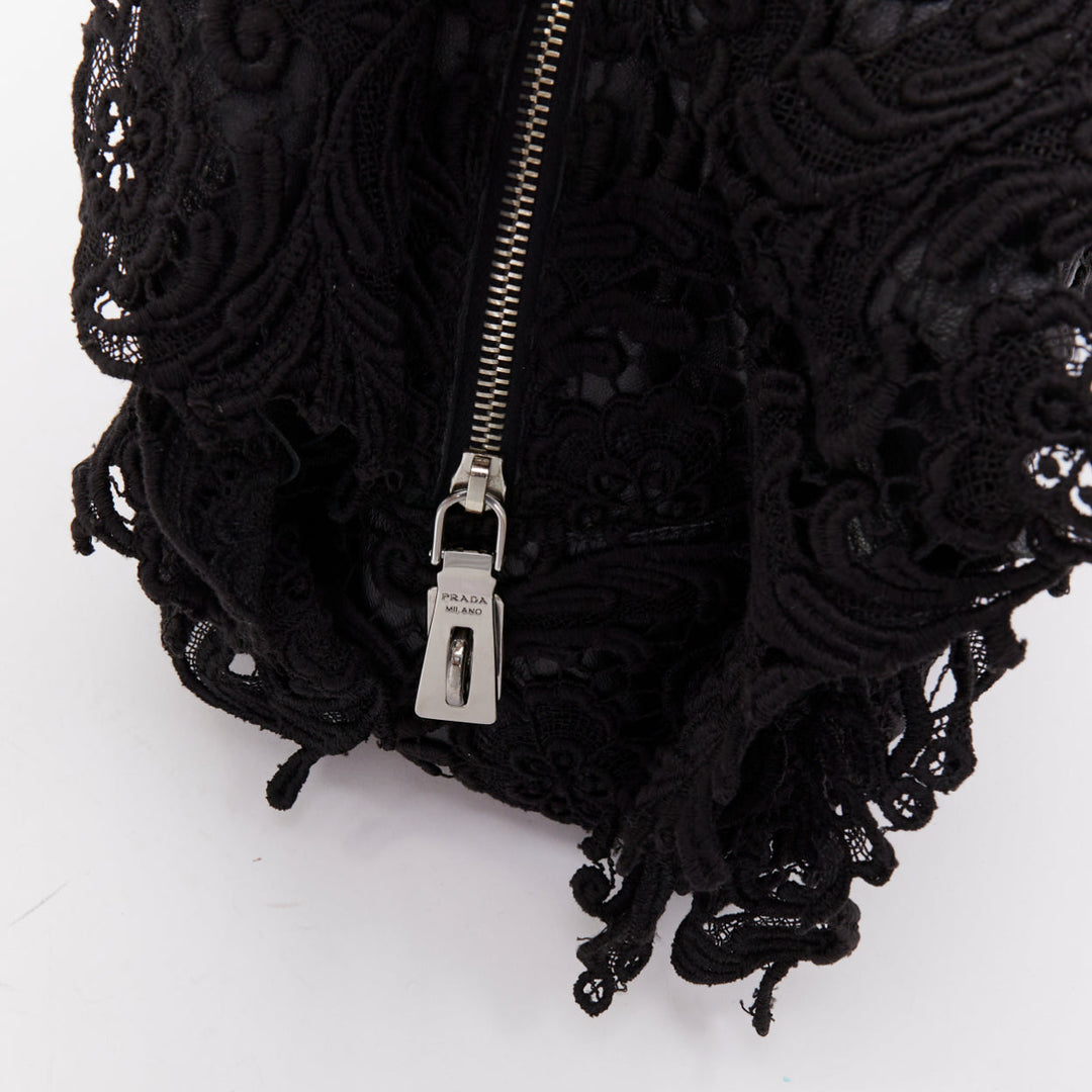 PRADA 2008 Lace Pizzo S Bowler black lace overlay leather silver zip bag