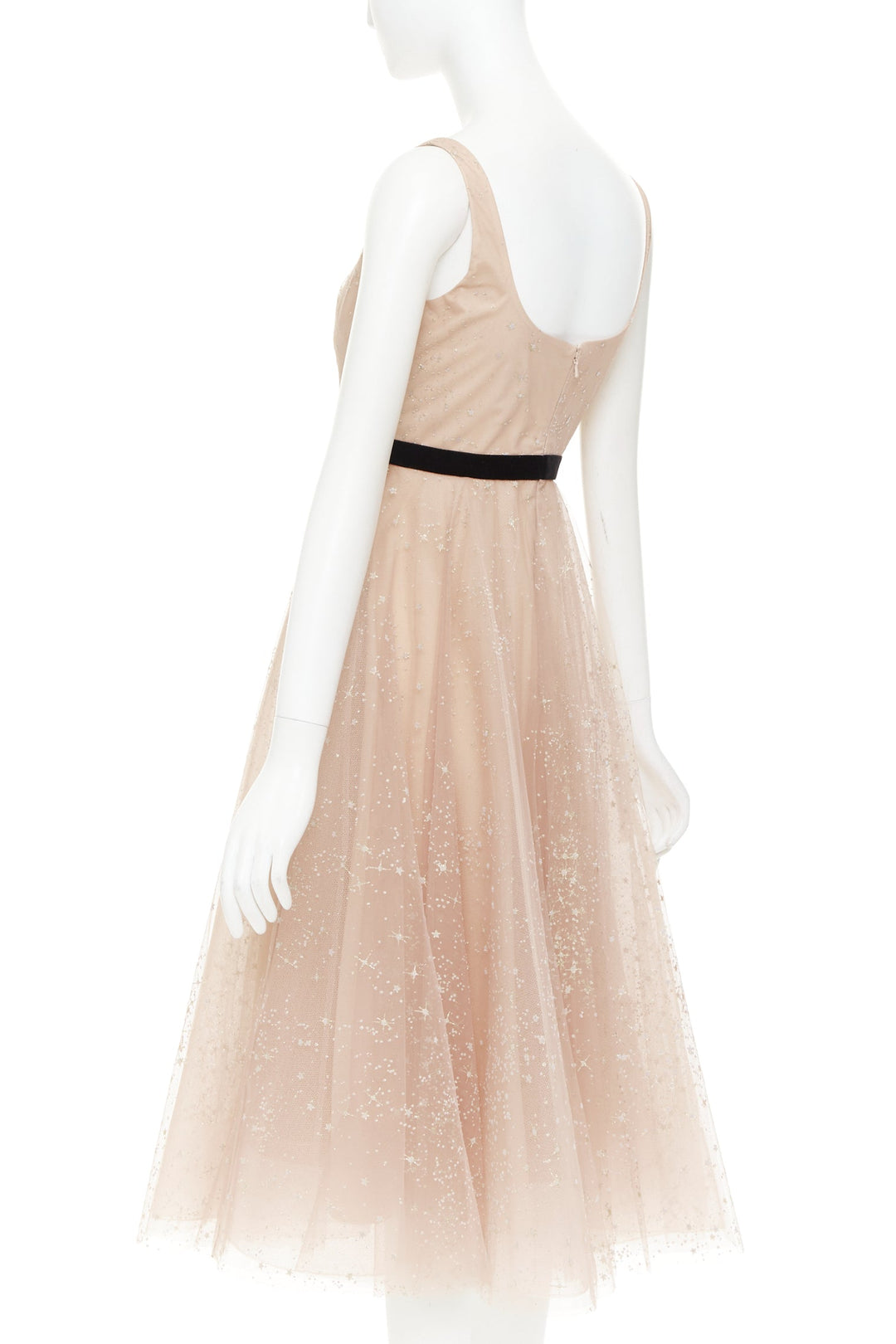 MARCHESA NOTTE blush pink glitter tulle black velvet bow tea length gown US2 S