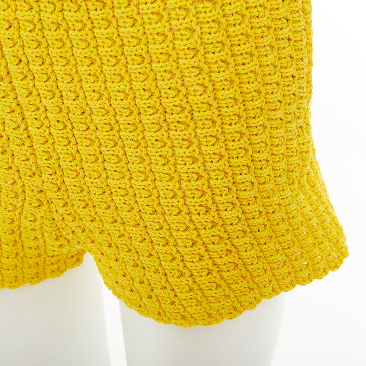 CHANEL 25C Runway yellow textured openwork knit belted shorts FR34 XS