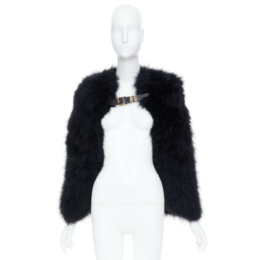 BALMAIN 2014 black turkey feather leather buckle collar cape shrug bolero FR38 M