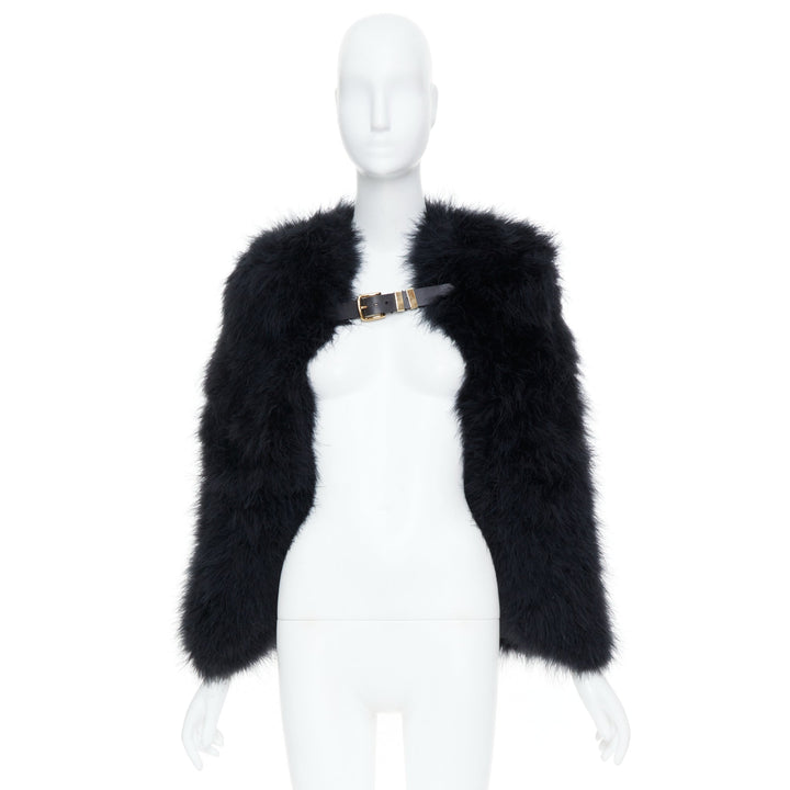 BALMAIN 2014 black turkey feather leather buckle collar cape shrug bolero FR38 M