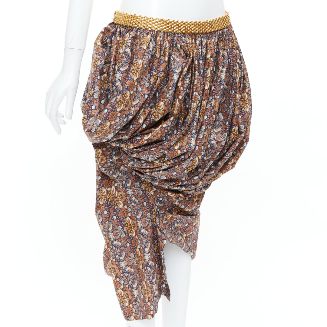 JUNYA WATANABE 2008 Runway brown navy floral gold chain draped skirt M