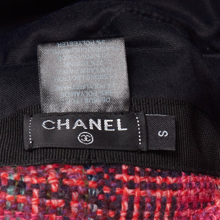 rare CHANEL 2018 Coco Neige pink wool tweed navy nylon CC logo trapper hat S