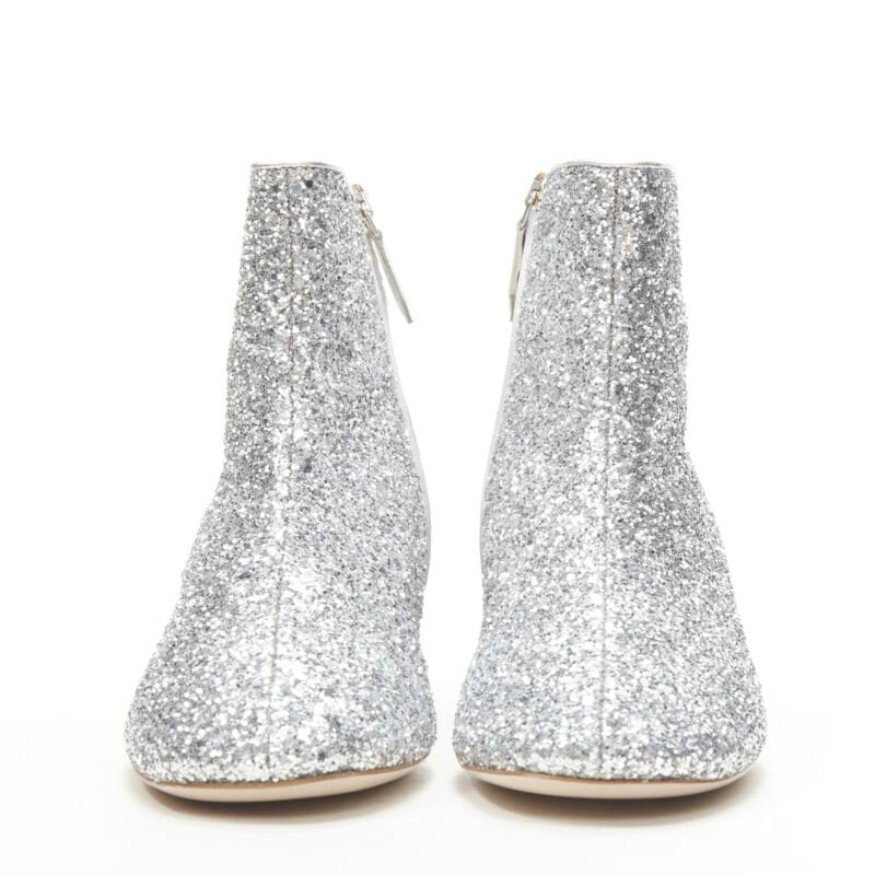 MIU MIU silver glitter large rhinestone crystal heel ankle boots EU37.5