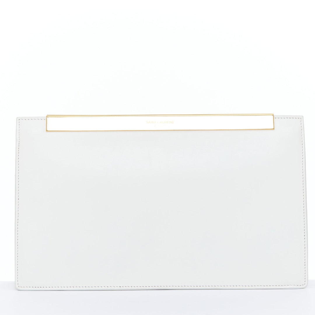 SAINT LAURENT Lutetia gold bar off white smooth leather clutch bag