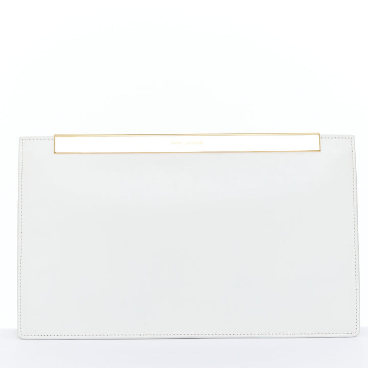 SAINT LAURENT Lutetia gold bar off white smooth leather clutch bag