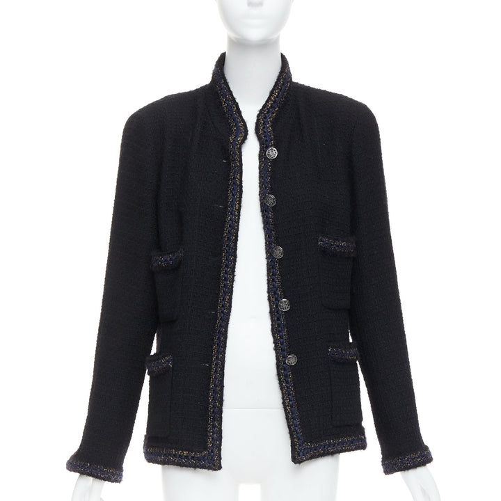 CHANEL 10A Paris Shanghai Runway black tweed crochet trim 4 pocket jacket FR46