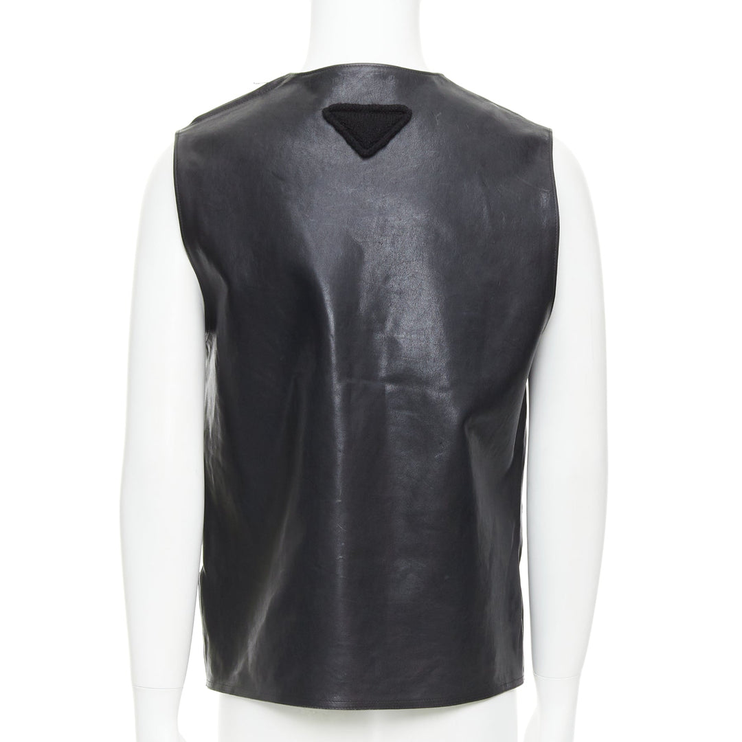 rare PRADA 2023 Runway Raf Simons Vitello black leather buckle vest IT48 M