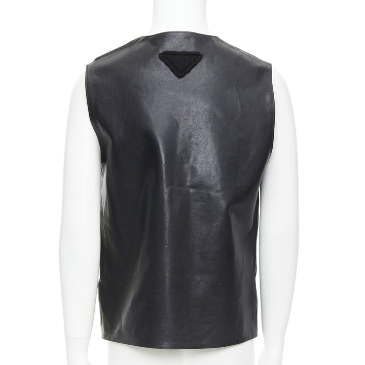 rare PRADA 2023 Runway Raf Simons Vitello black leather buckle vest IT48 M