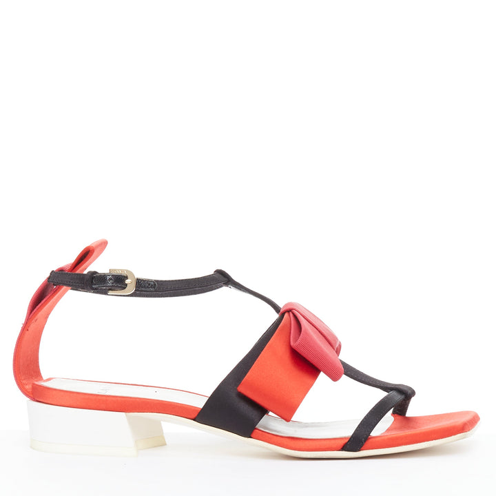 LANVIN 2018 Runway bow embellished red satin T-strap chunky sandals EU37