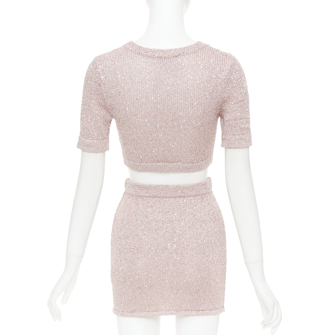 ALEXANDRE VAUTHIER Rose light pink sequin metallic lurex crop sweater mini skirt