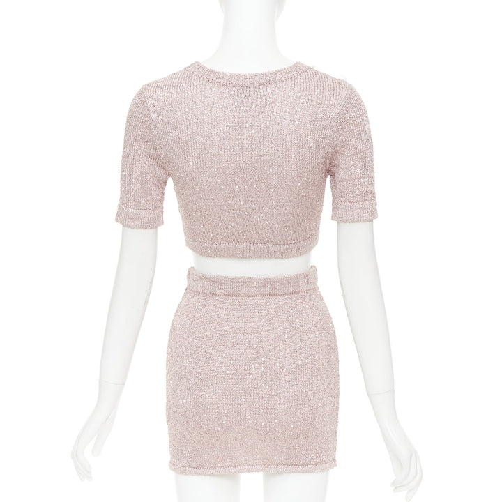 ALEXANDRE VAUTHIER Rose light pink sequin metallic lurex crop sweater mini skirt