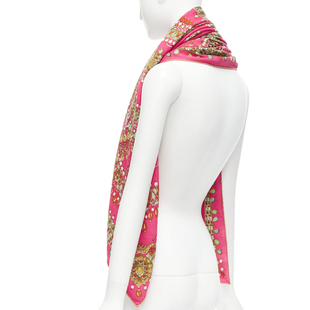 HERMES pink cashmere silk parures des maharajas jewel print 135cm square scarf