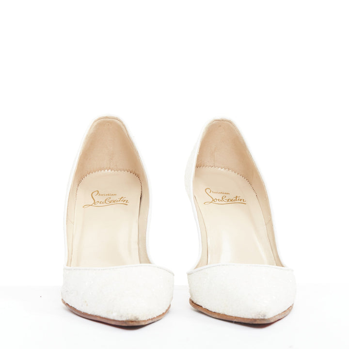 CHRISTIAN LOUBOUTIN pearl white course glitter pointy toes stiletto pumps EU37