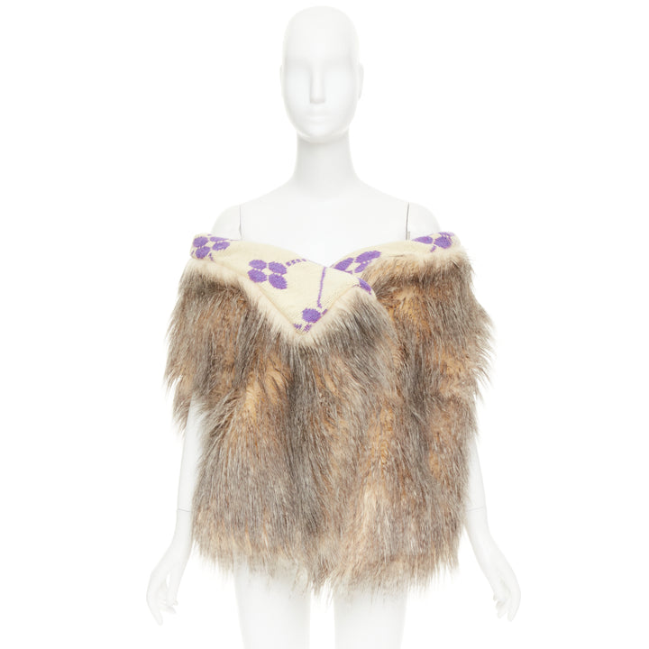 PRADA Raf Simons 2021 Runway brown fur purple floral jacquard clutch shawl IT38