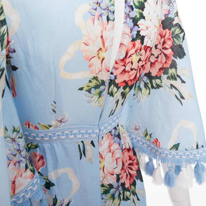 ALICE MCCALL Magic Moment blue linen floral fringed trim playsuit UK6 XS