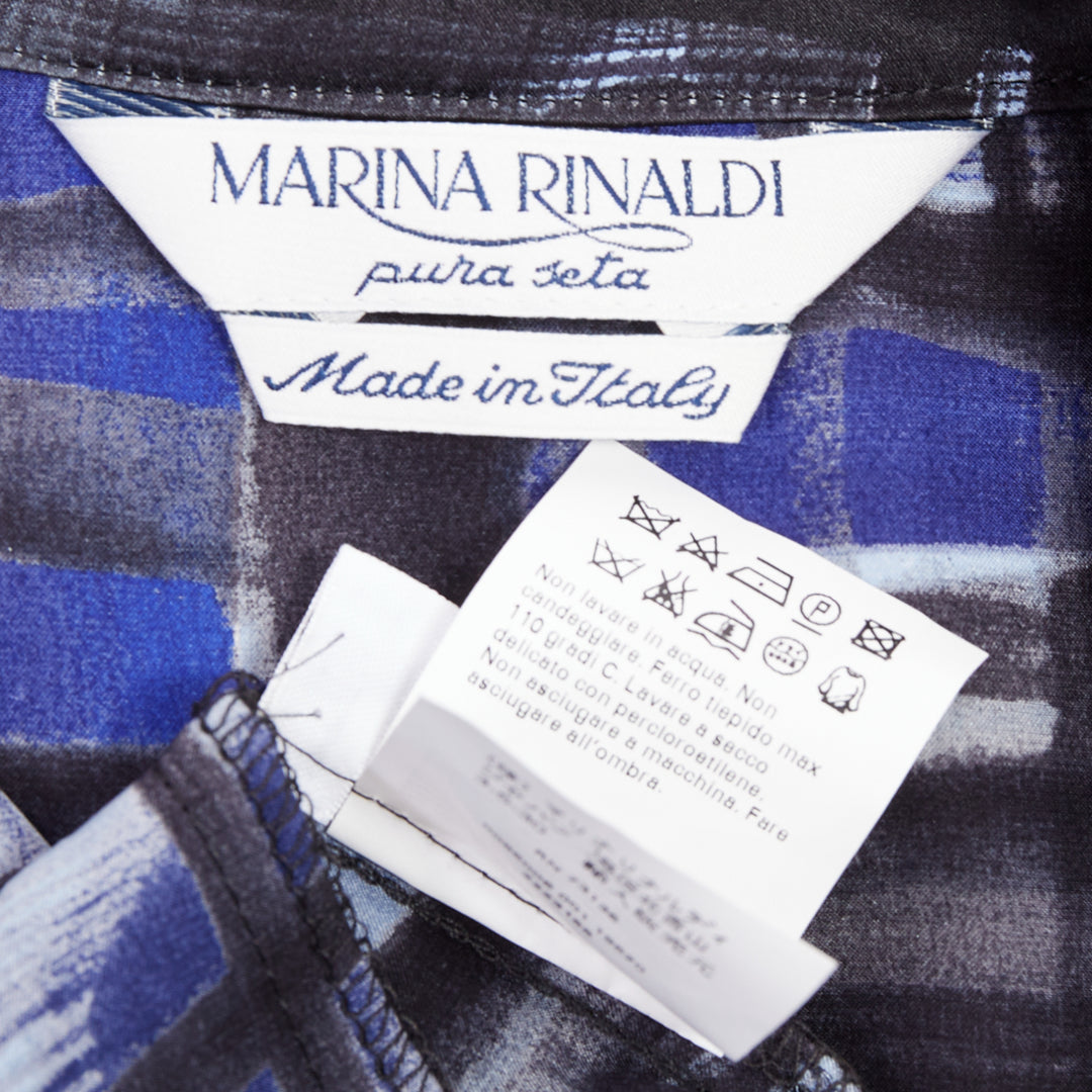 MARINA RINALDI 100% silk blue black brush print belted shirt dress Sz.15 M