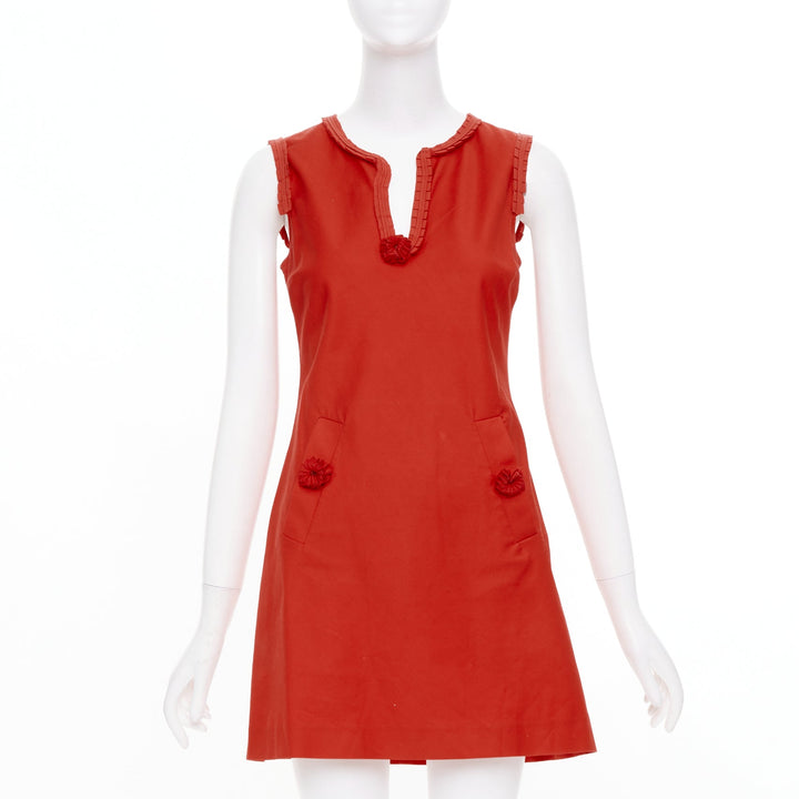 FENDI Vintage red rosette pleated neckline sleeveless casual shift dress IT40