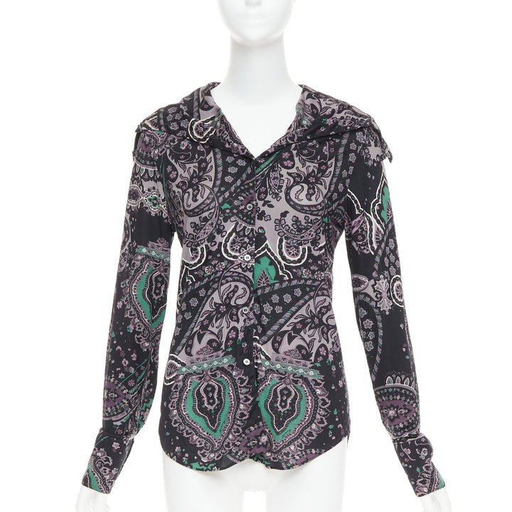 BURBERRY 100% silk black purple green grey paisley print dress shirt M