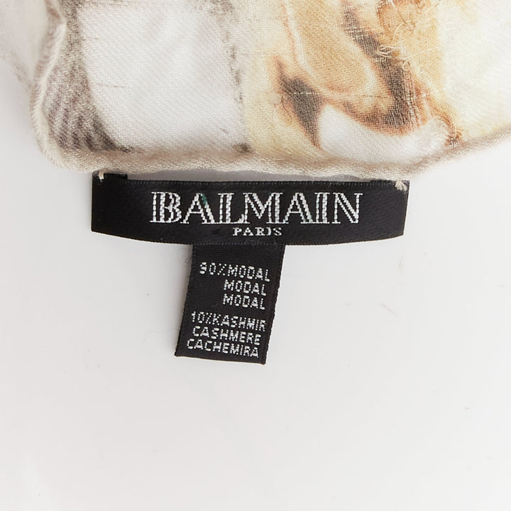 BALMAIN cream modal cashmere chain check tromp loeil print scarf