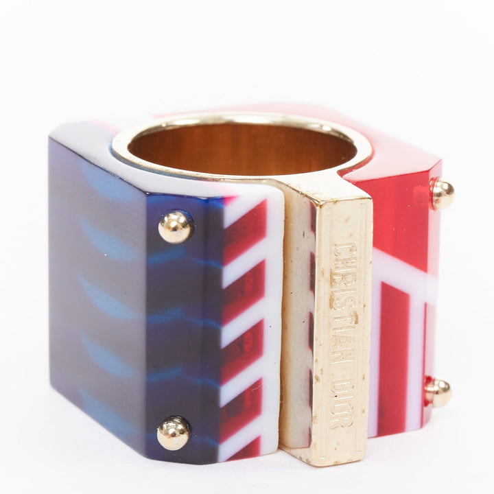 DIOR 2922 Sorbet Cube red blue geometric resin gold logo statement ring US6.5
