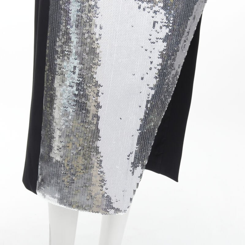 DAVID KOMA silver sequins midriff crop top asymmetric high slit skirt set UK6 XS