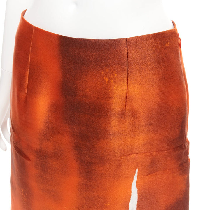 PRADA 2023 Runway orange water dyed side slit crinkled silk skirt IT38 XS