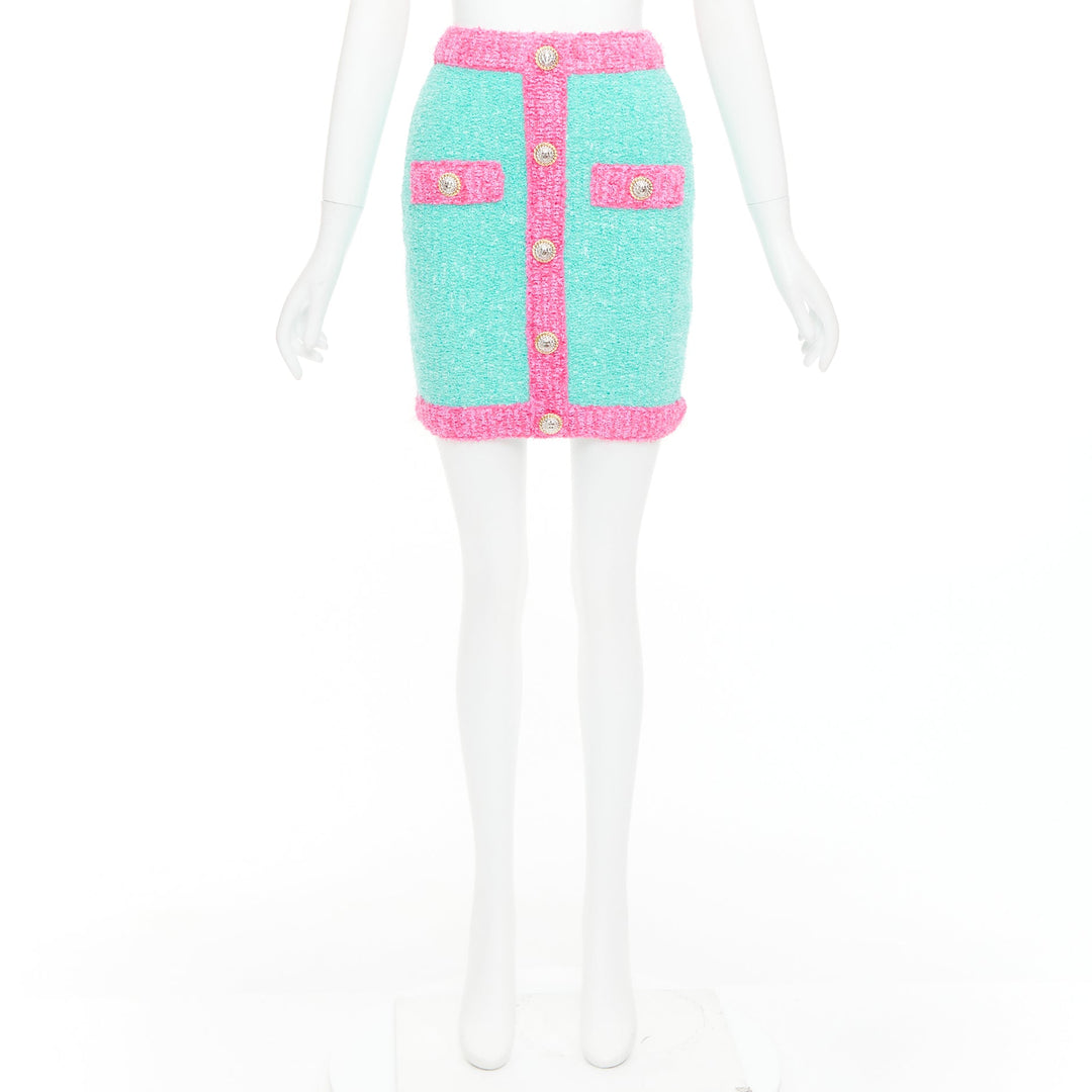 BALMAIN turquoise pink gold button embellished boucle skirt FR34 XS
