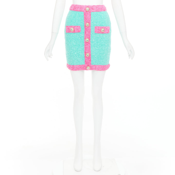 BALMAIN turquoise pink gold button embellished boucle skirt FR34 XS