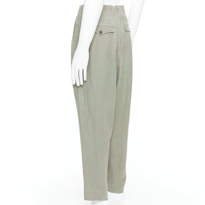 YOHJI YAMAMOTO khaki green linen pleated front tapered wide pants S