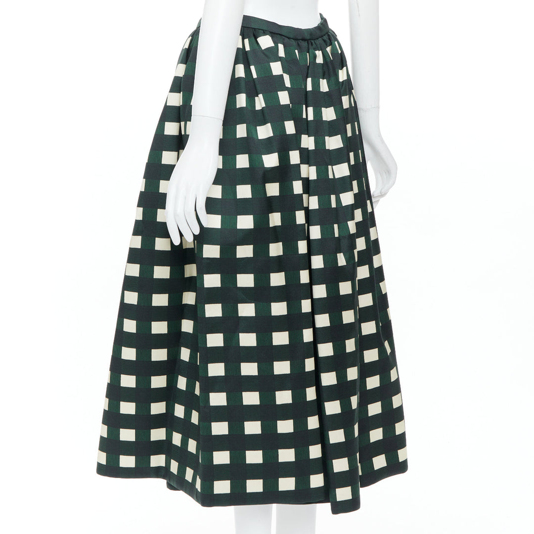 PRADA 2022 Runway green cream check print silk wool full midi skirt IT40 S