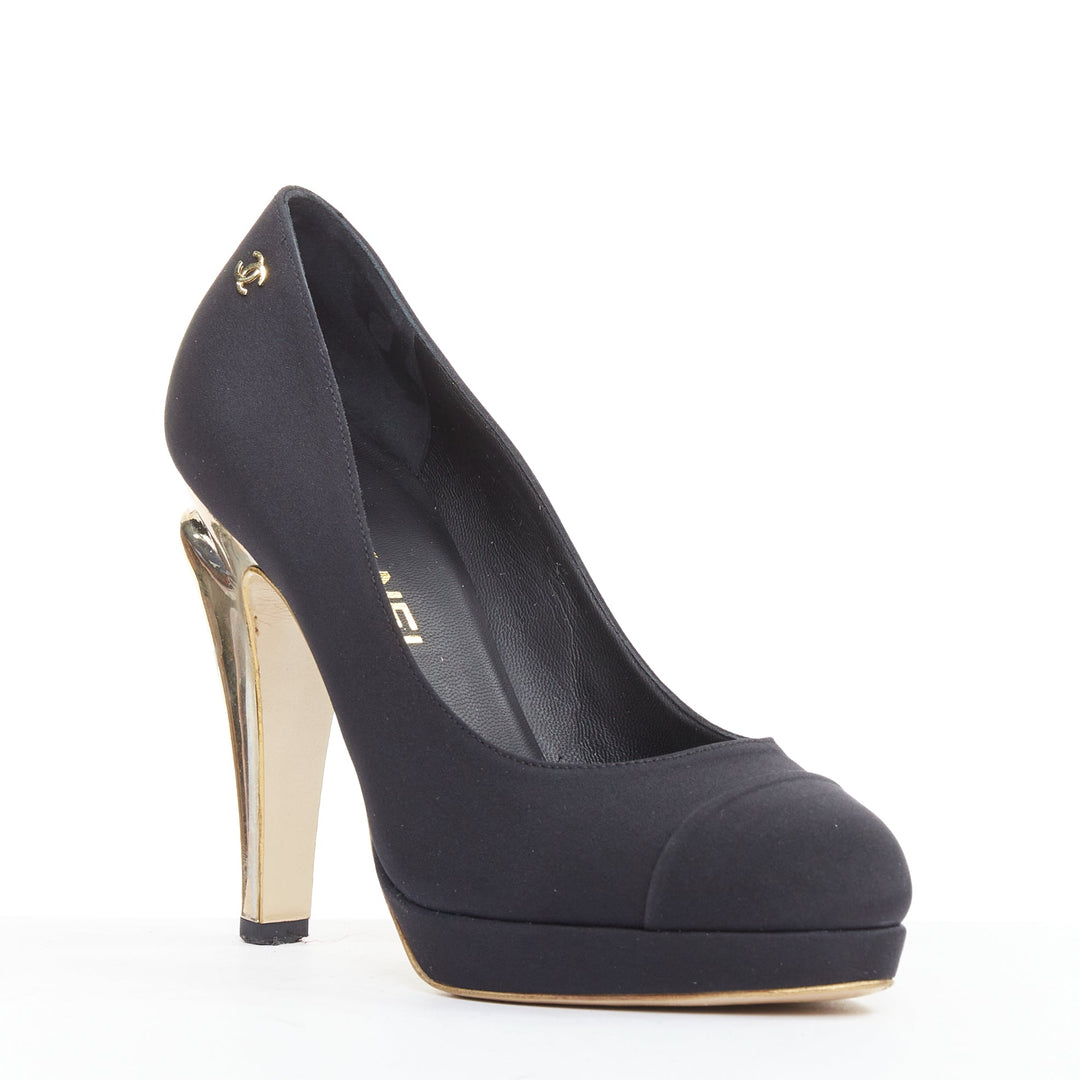 CHANEL 08A black satin gold sculpted metal bolt heel platform pumps EU37.5