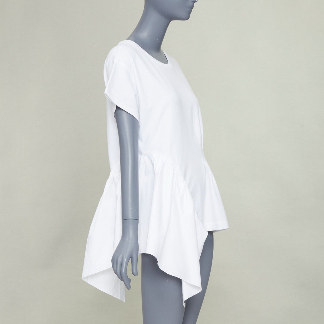 DRIES VAN NOTEN white cotton asymmetric ruffle peplum hem tshirt M
