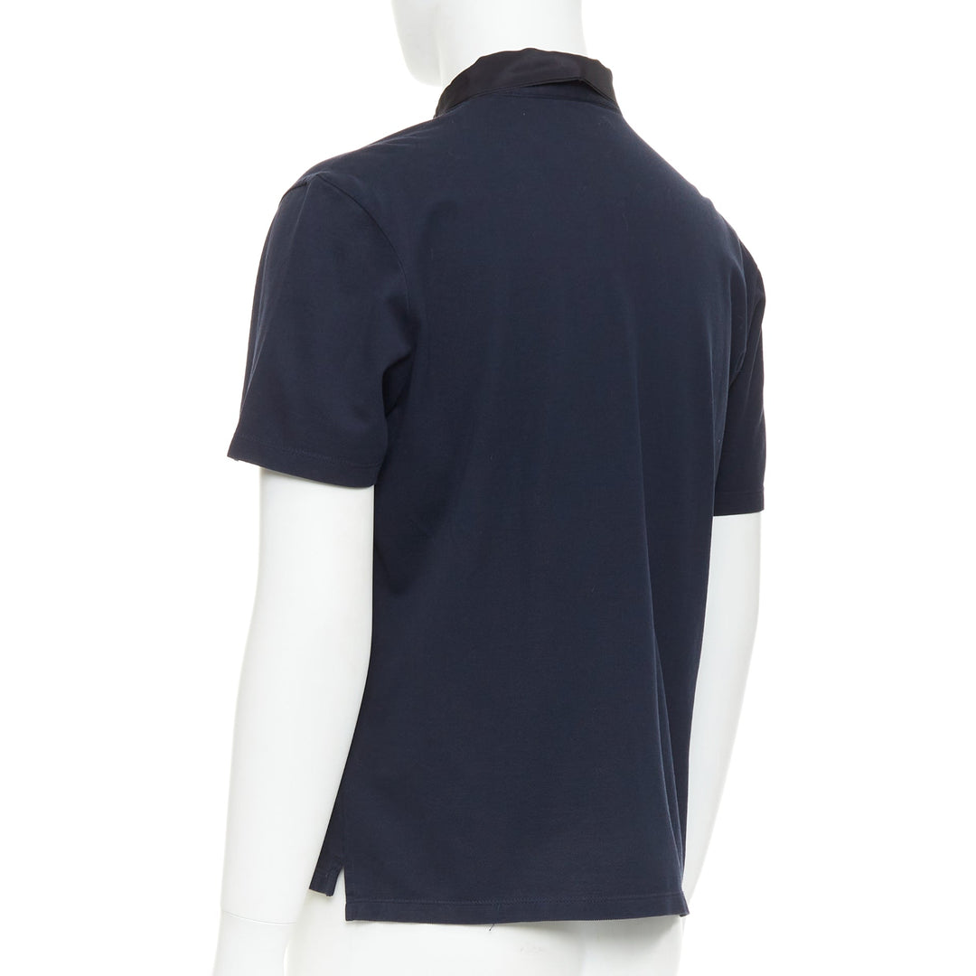 LANVIN navy cotton black grosgrain collar trim short polo shirt M