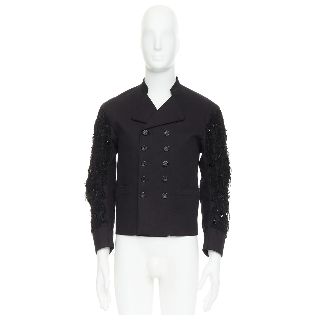 JOHN GALLIANO black fringe embellished sleeve double breasted jacket FR46 S
