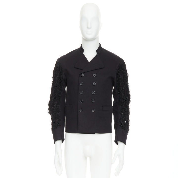 JOHN GALLIANO black fringe embellished sleeve double breasted jacket FR46 S