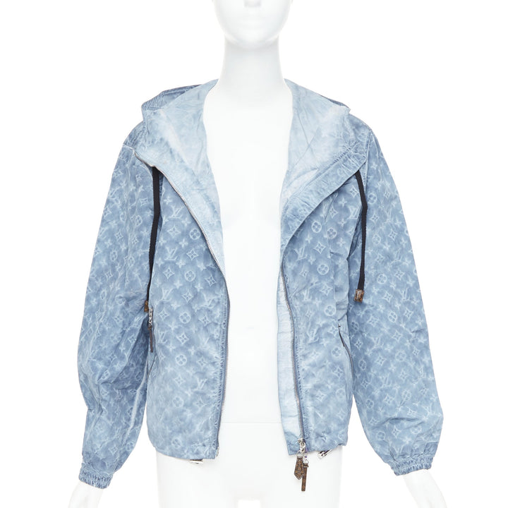LOUIS VUITTON blue washed monogram print hooded zip anorak jacket FR38 M