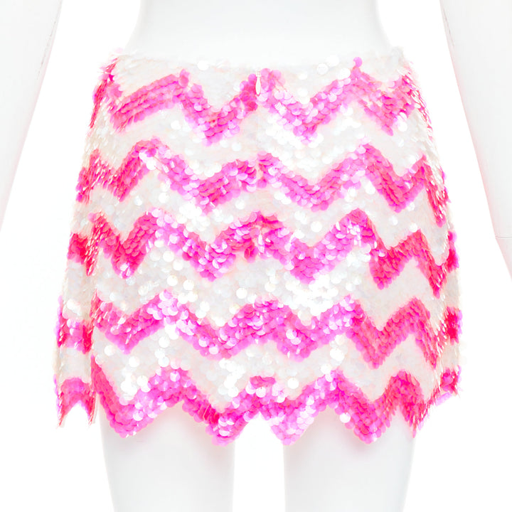 ASHISH white neon hot pink chevron paillettes sequin mini skirt XS
