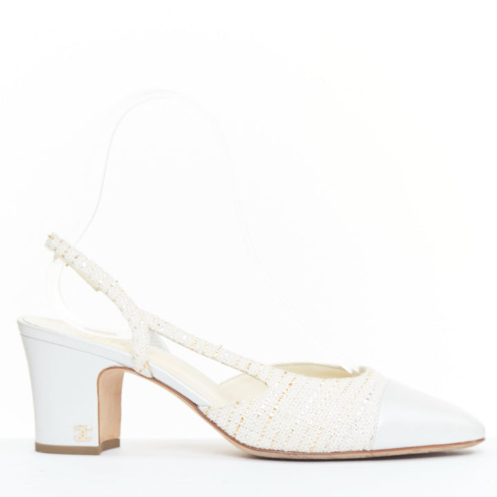 CHANEL white silver gold metallic tweed CC logo block slingback pumps EU39