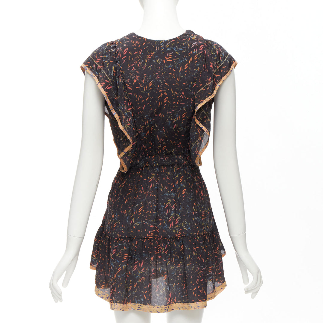 IRO 2018 Jicka 100% silk black coral orange floral ruffle short dress FR34 XS
