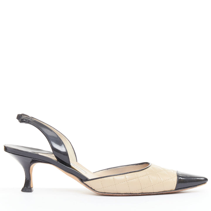 MANOLO BLAHNIK nude quilted leather stitch black toe cap slingback heel EU39